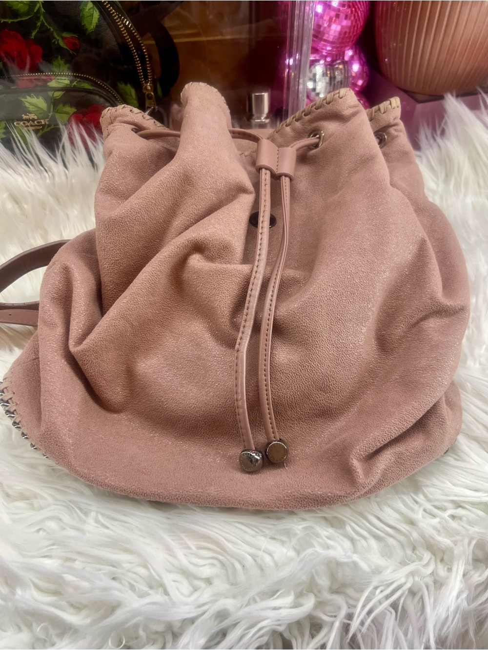 Stella McCartney Pink Suede Chain-Trim Drawstring Backpack - Picture 11 of 16